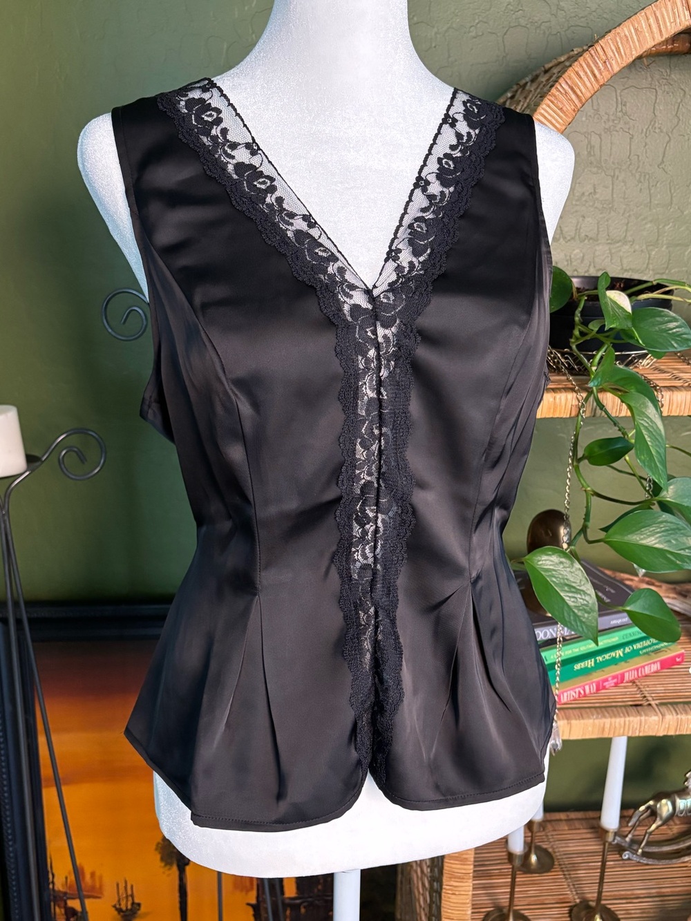Kinsley + Zoey Black Silky Lace Trim Sleeveless Top Vest Back Tie Top